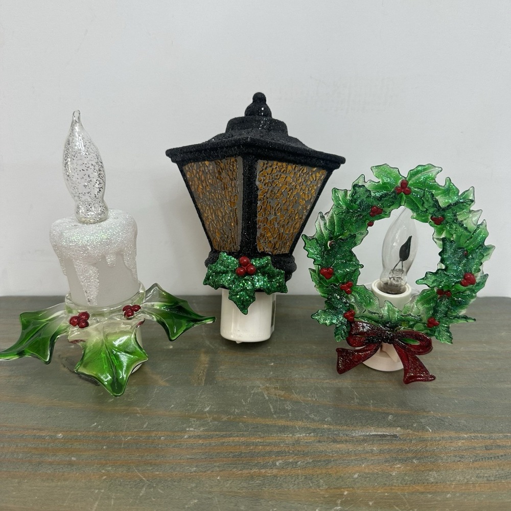 Lot Of 3 Retro Vintage Christmas Plug In Night Lights Holly Bells Red Green Lamp